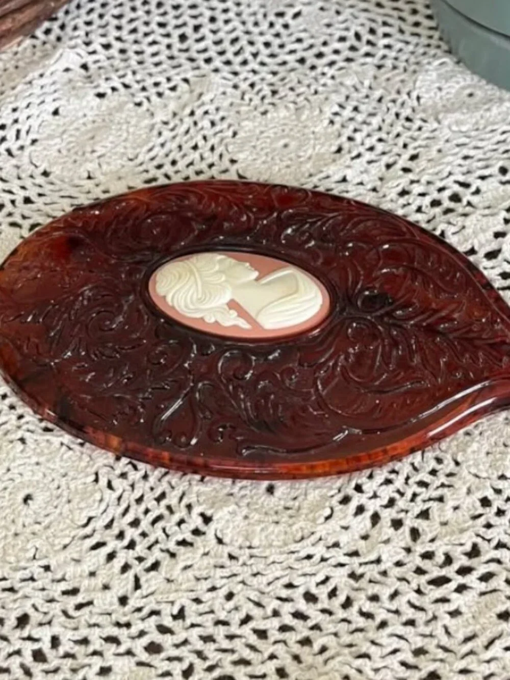 Vintage 70’s Cameo Amber Lucite Hand Mirror Ornate Handle Vanity